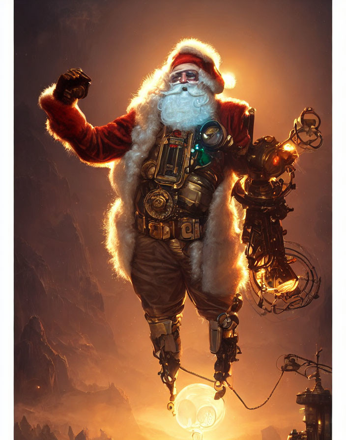 Futuristic Santa Claus with high-tech jetpack and goggles flying against warm backdrop