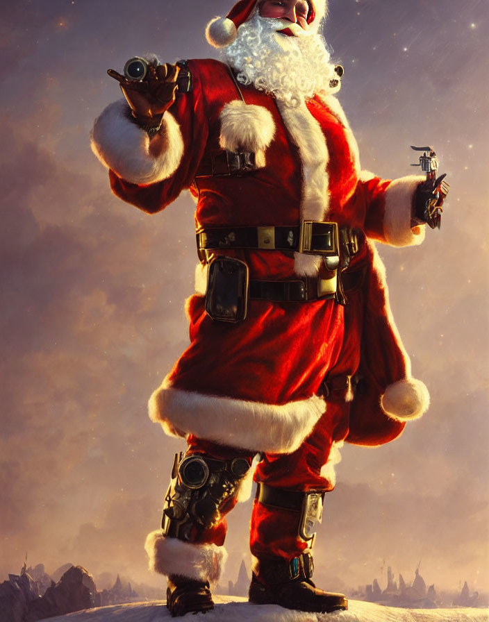 Santa Claus in Red Suit with Utility Belt and Gadgets Against Dramatic Sky