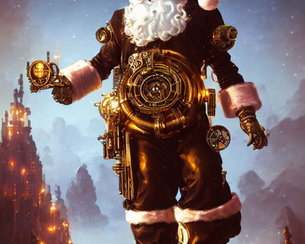 Steampunk Santa Claus with brass goggles and clockwork elements in a fantastical setting