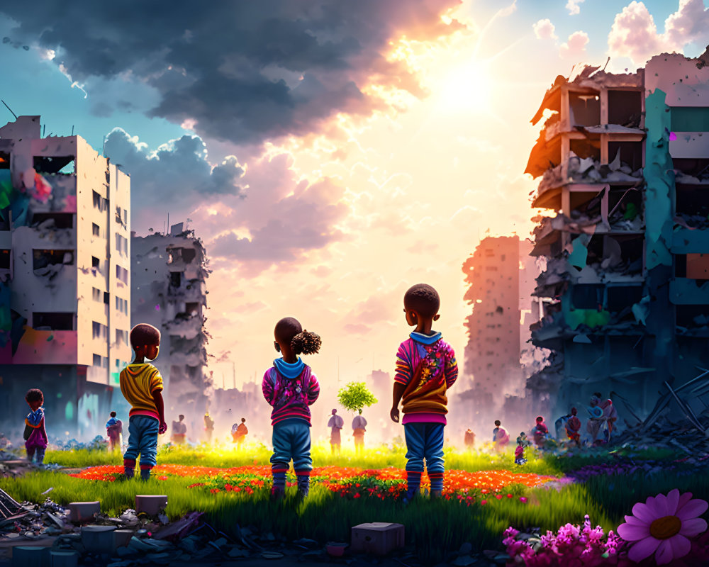 Children standing in wildflowers near ruined cityscape with debris.