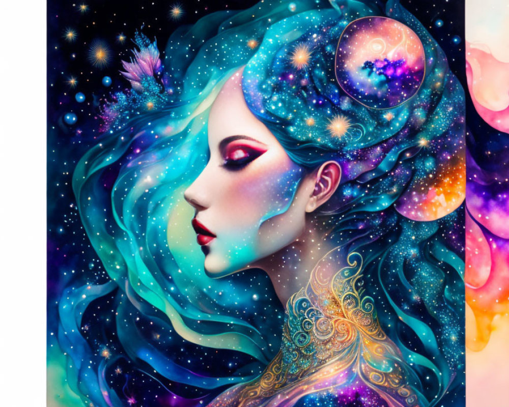 Colorful artwork of woman with galaxy-themed hair and skin in cosmic design