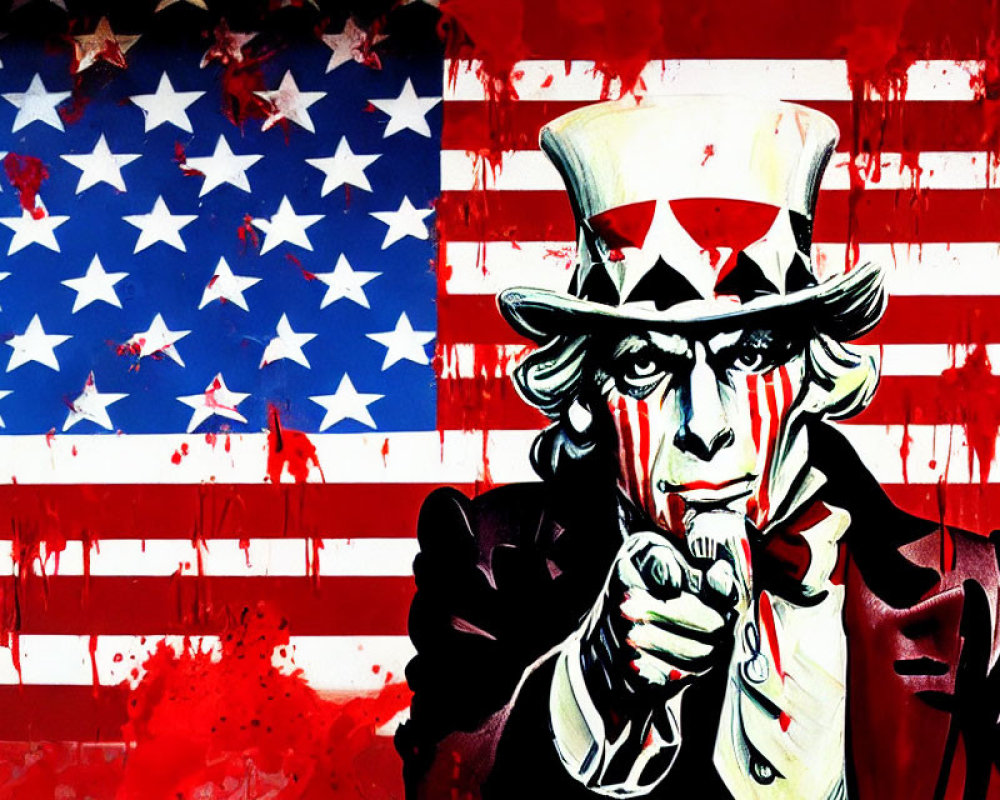 Stylized Uncle Sam portrait on grungy American flag background