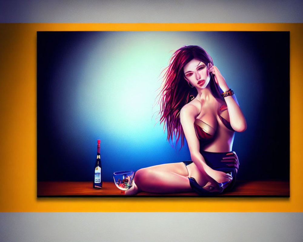 Stylized woman with wine bottle and glass on blue gradient background framed in yellow.