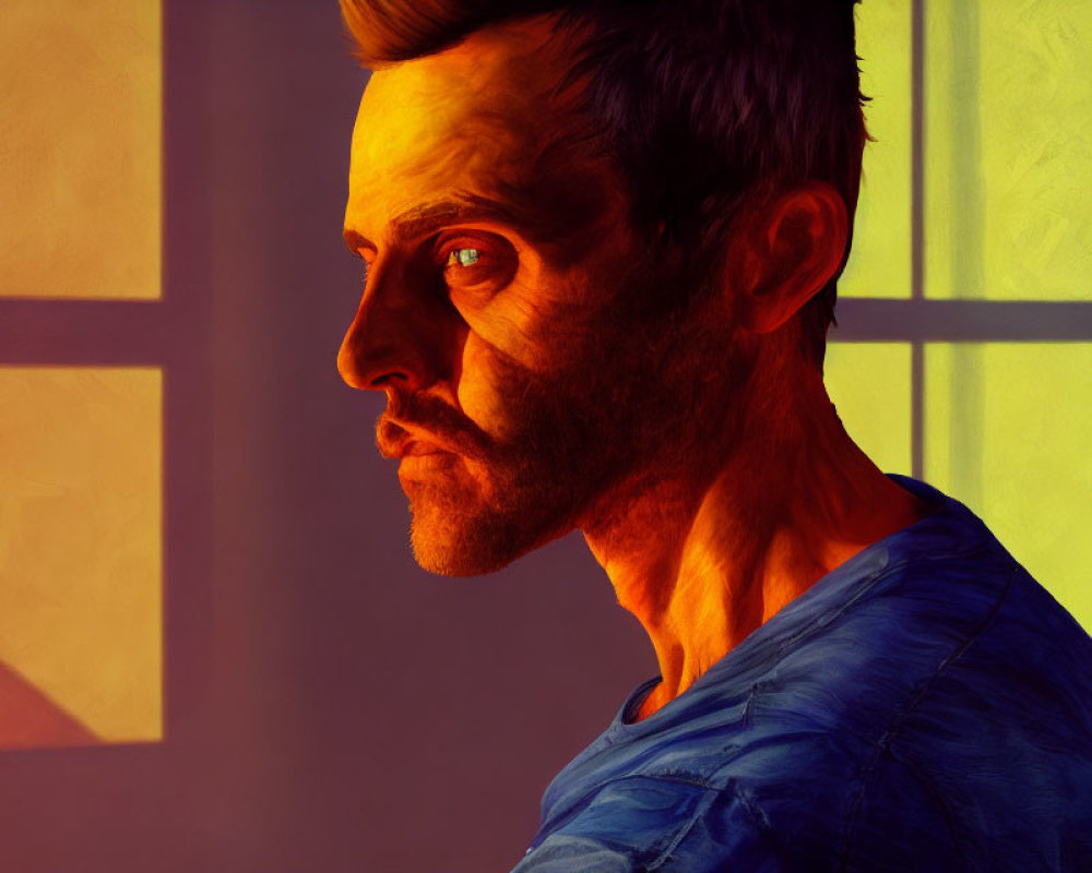 Stylized profile portrait with intense shadows and warm golden light