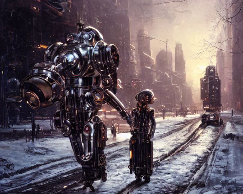 Futuristic snowy city street with humanoid robot and person carrying briefcases