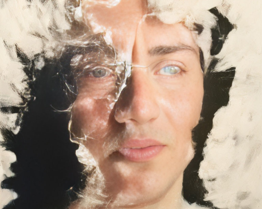Close-Up Portrait with Textured White Shapes for a Fragmented, Dreamlike Effect