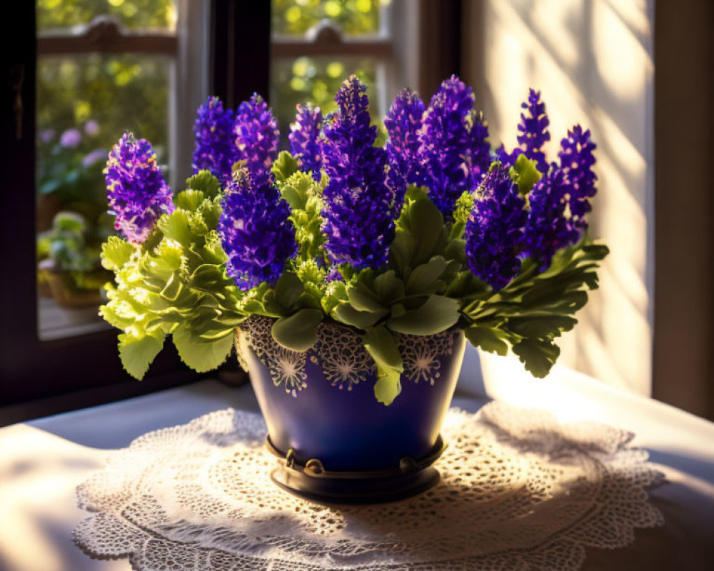 Purple Flowers Bouquet in Blue Vase on Lace Tablecloth by Sunlit Window