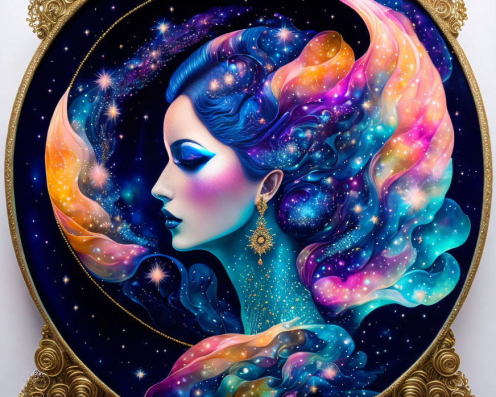Digital artwork: Woman with galaxy-themed hair in ornate golden frame