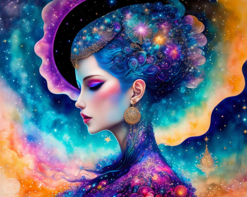 Cosmic-themed woman with blue hair in vibrant illustration