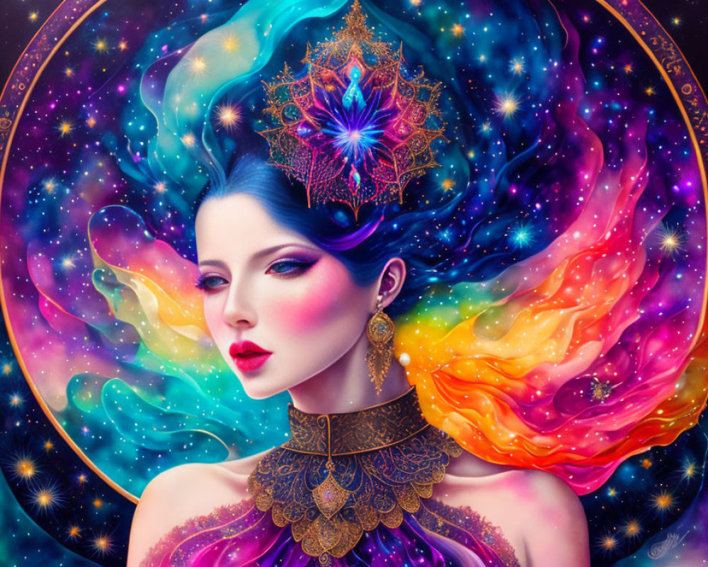 Colorful woman with blue skin and nebula-like hair in cosmic setting