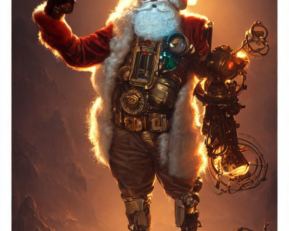 Futuristic Santa Claus with high-tech jetpack and goggles flying against warm backdrop