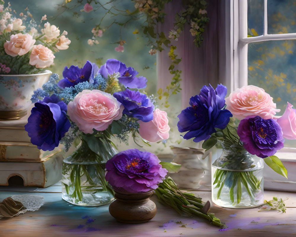 Pink and Purple Flower Bouquets on Rustic Windowsill