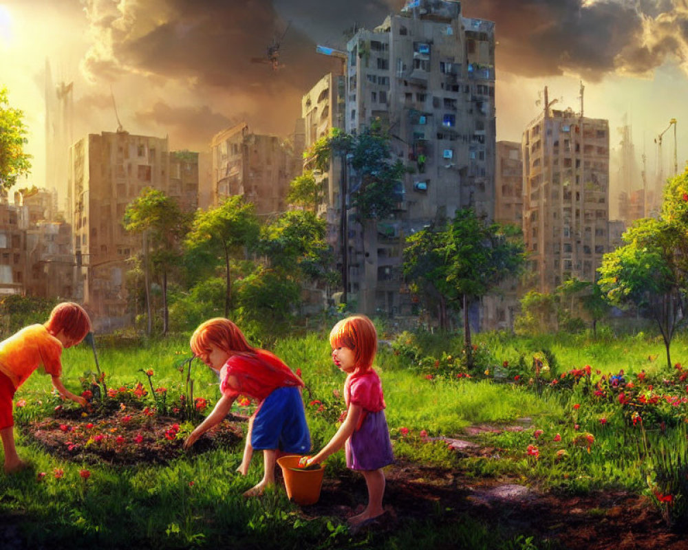 Children playing in lush garden amid dilapidated urban ruins at sunset