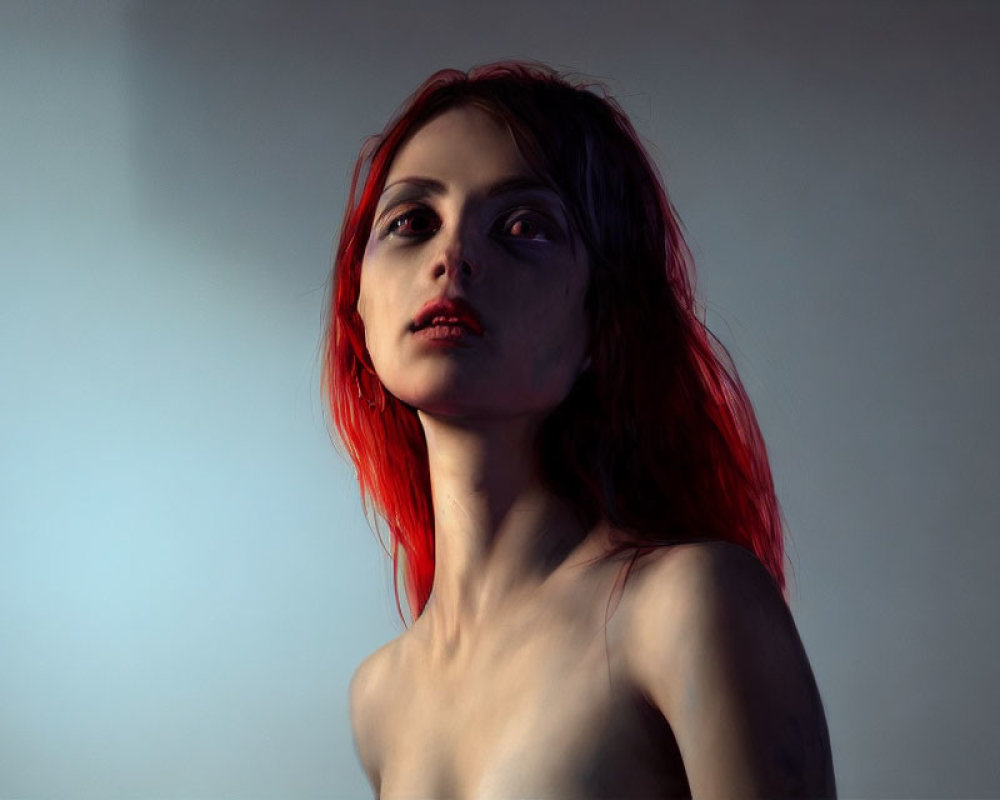 Striking red-haired person with intense gaze on blue gradient background