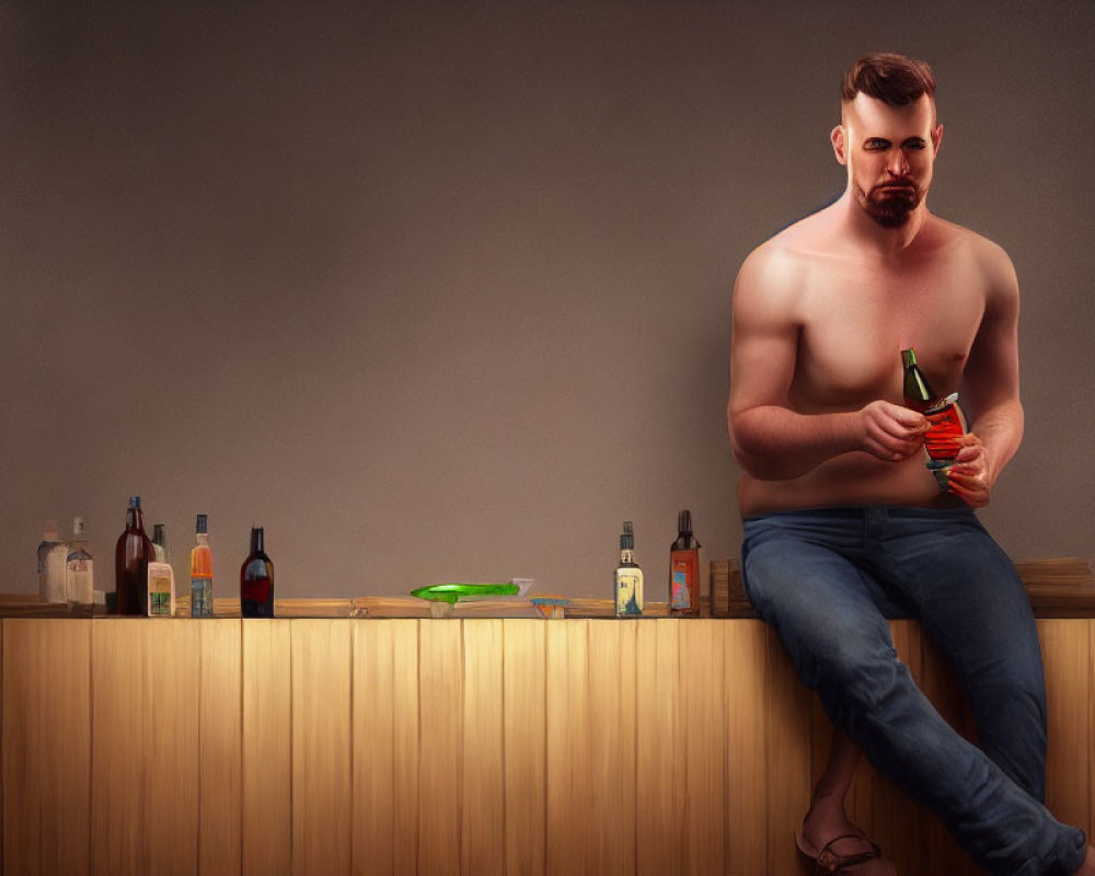 Bearded man with bottle and carrot on wooden counter