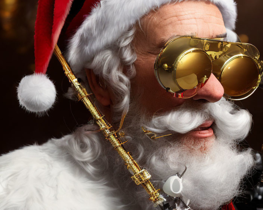 Santa Claus Costume with Golden Round Glasses and White Beard