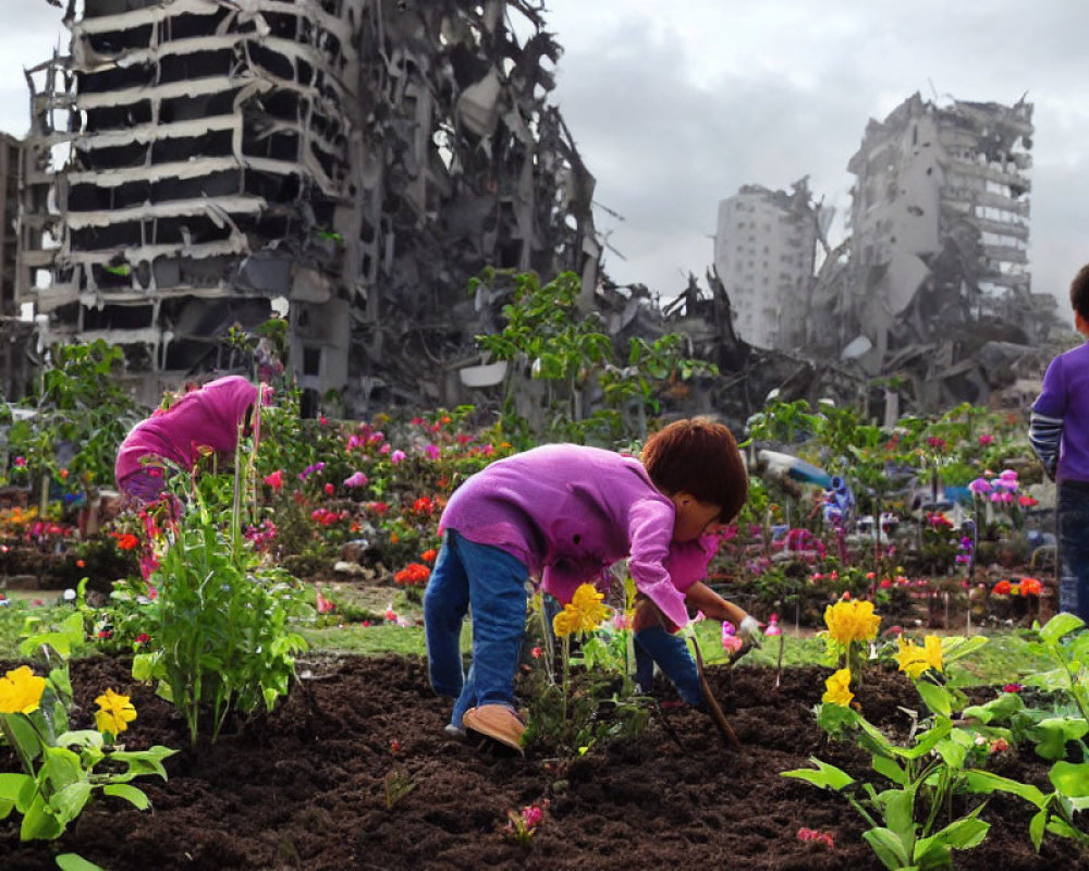Colorful garden tended by children against demolished buildings, showing contrast.