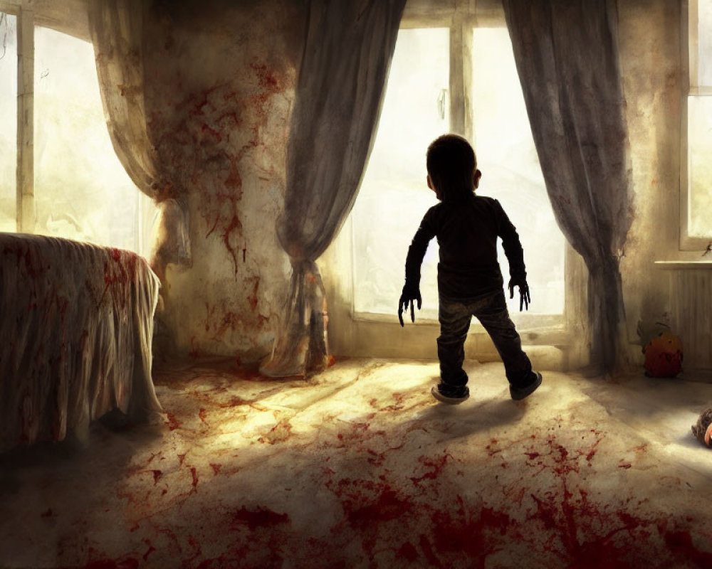 Child in dim room with bloodstains and lifeless figure by window