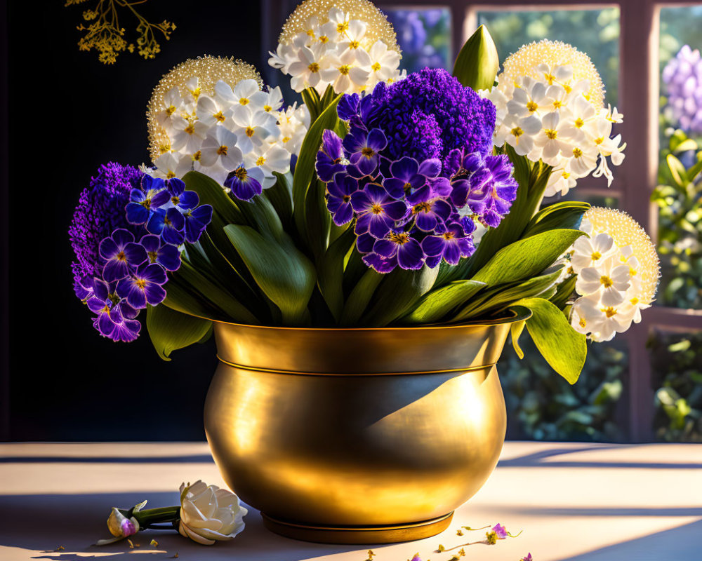 Purple and White Flowers in Golden Vase by Window with Tree and Sky View