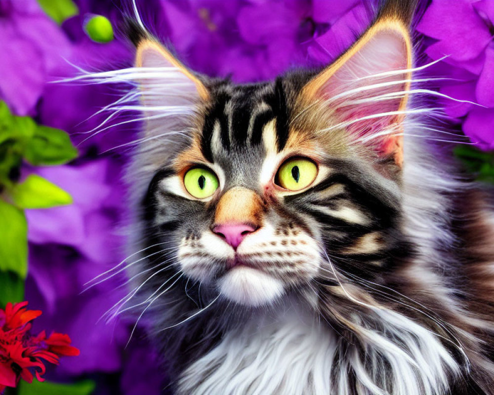 Majestic Maine Coon Cat with Yellow Eyes in Purple Flowers