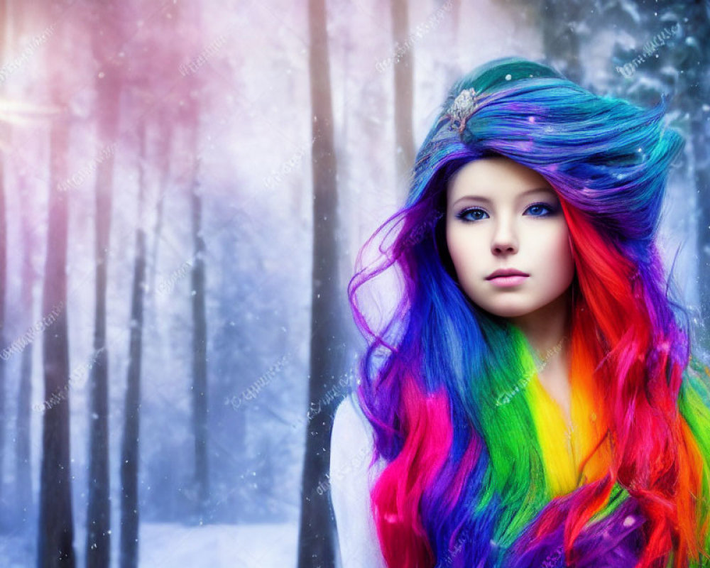 Woman with Rainbow Hair in Snowy Forest Under Sunlight
