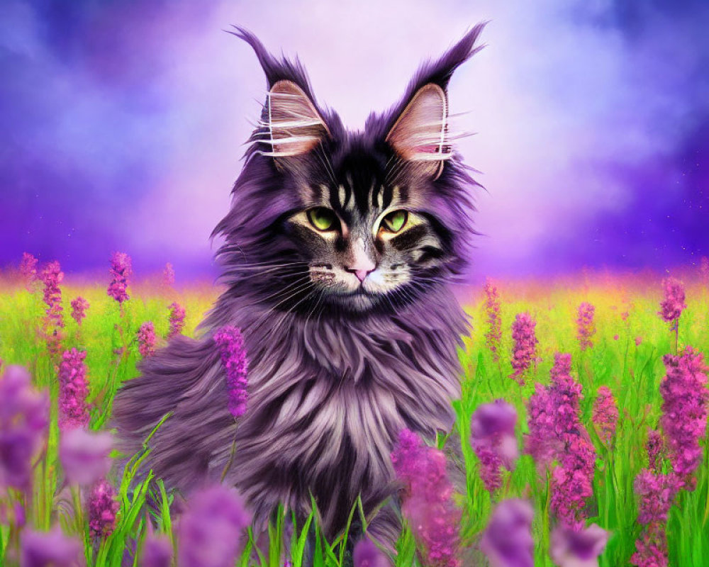 Long-Haired Black and Grey Cat with Yellow Eyes in Purple Flower Field