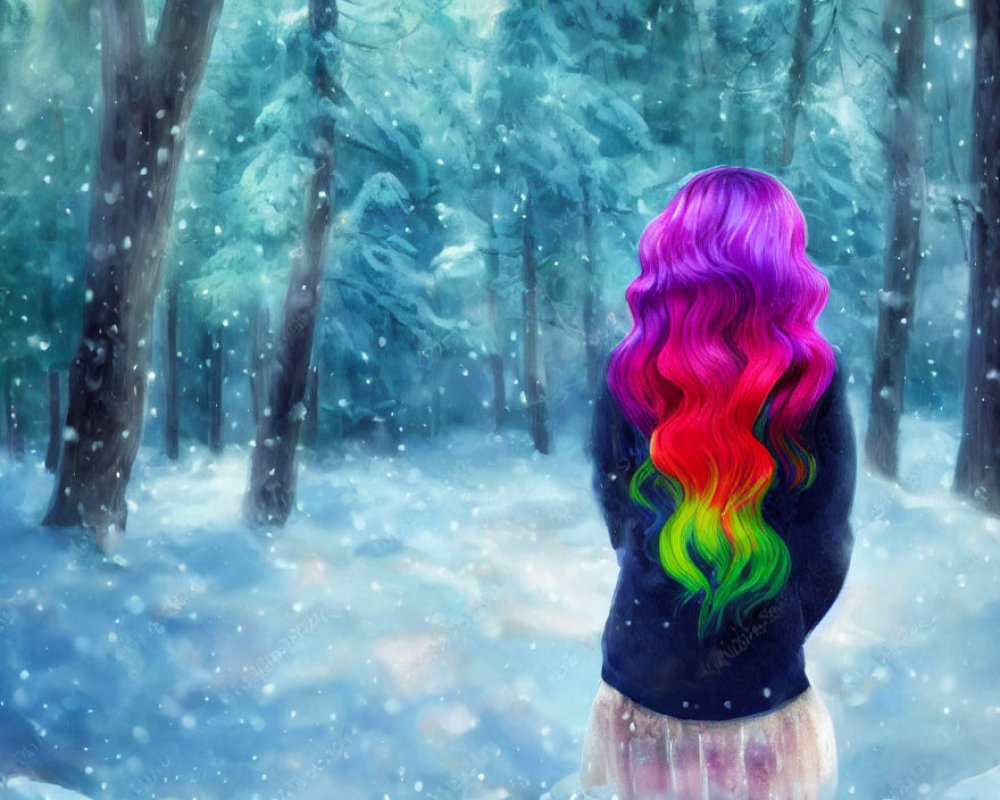 Vibrant rainbow-colored hair person in snowy forest scene