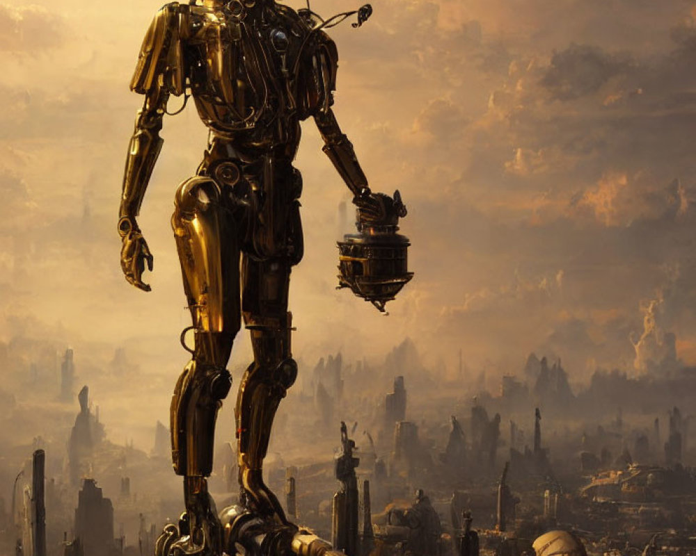 Golden humanoid robot in dystopian cityscape at sunset with helmet and airships.
