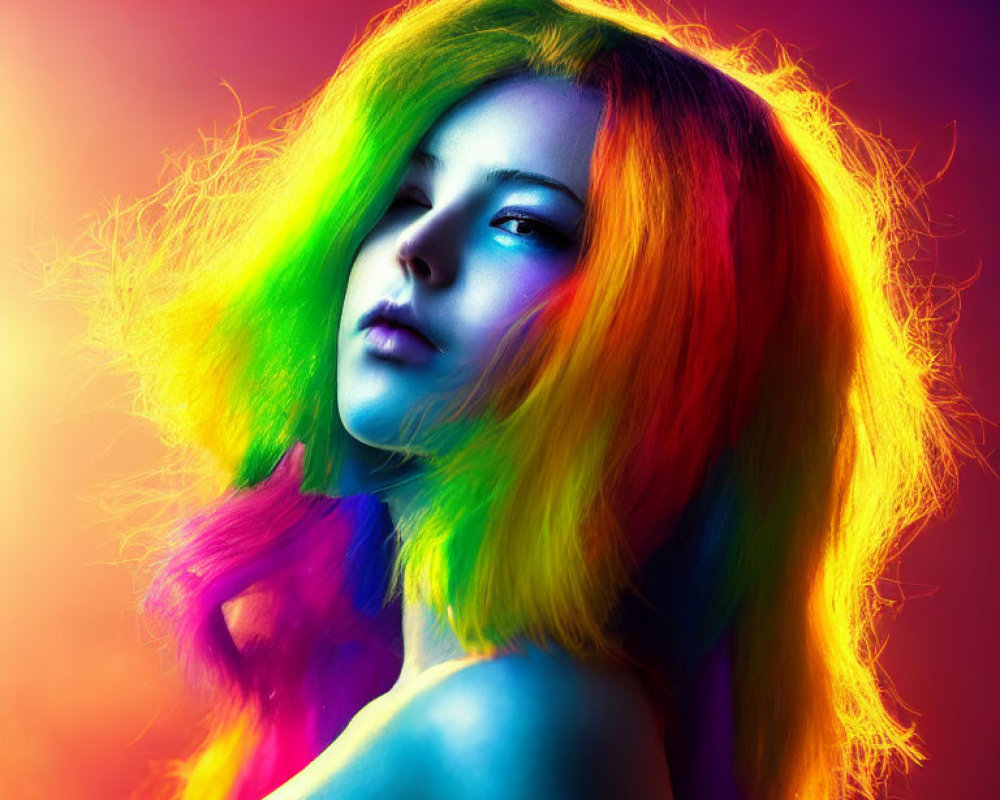 Rainbow-Haired Woman on Vibrant Magenta and Blue Background
