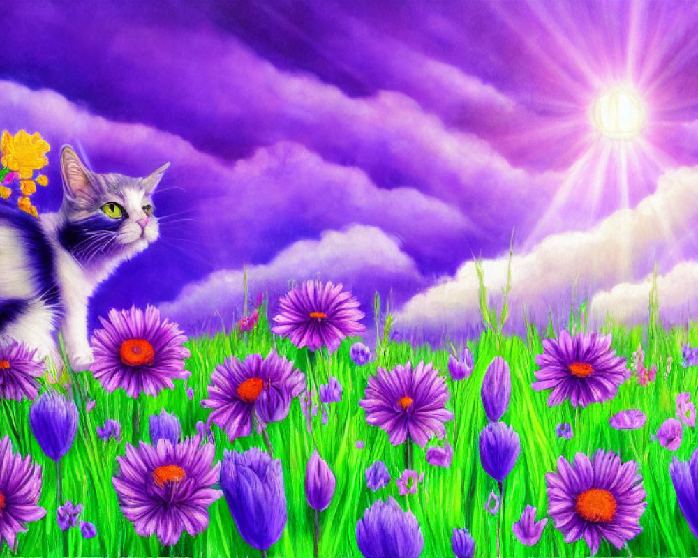 Cat in Purple Flower Field under Dramatic Sky