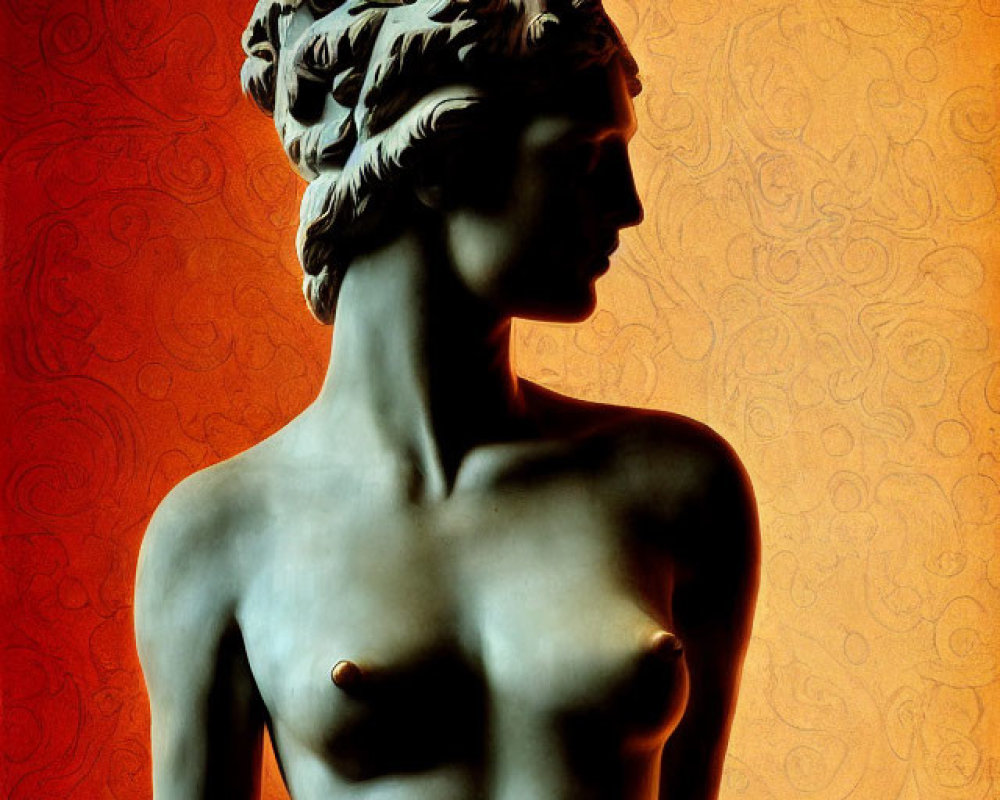 Classical female profile sculpture on textured orange background