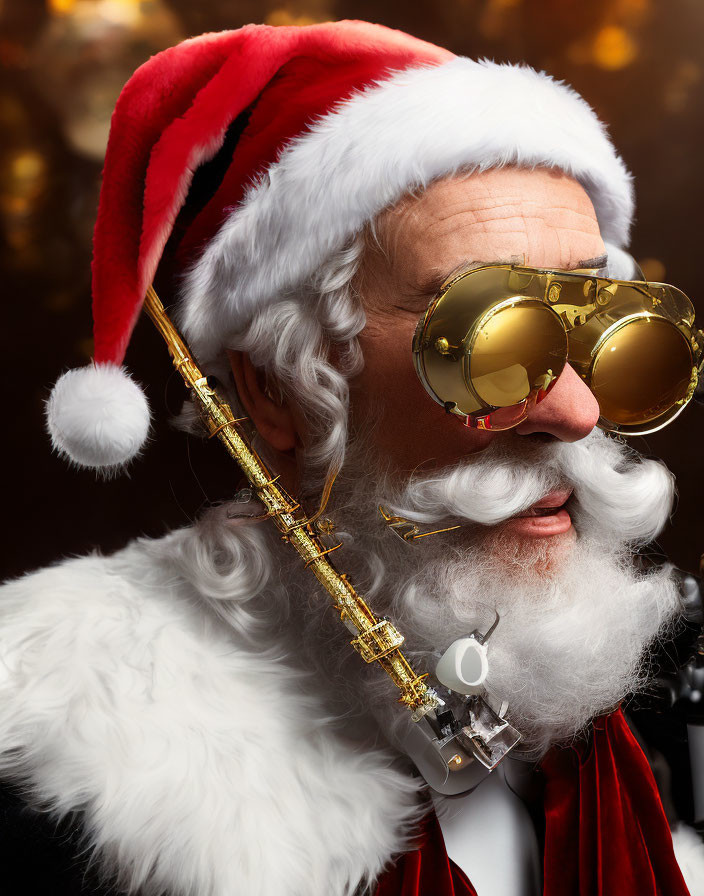 Santa Claus Costume with Golden Round Glasses and White Beard