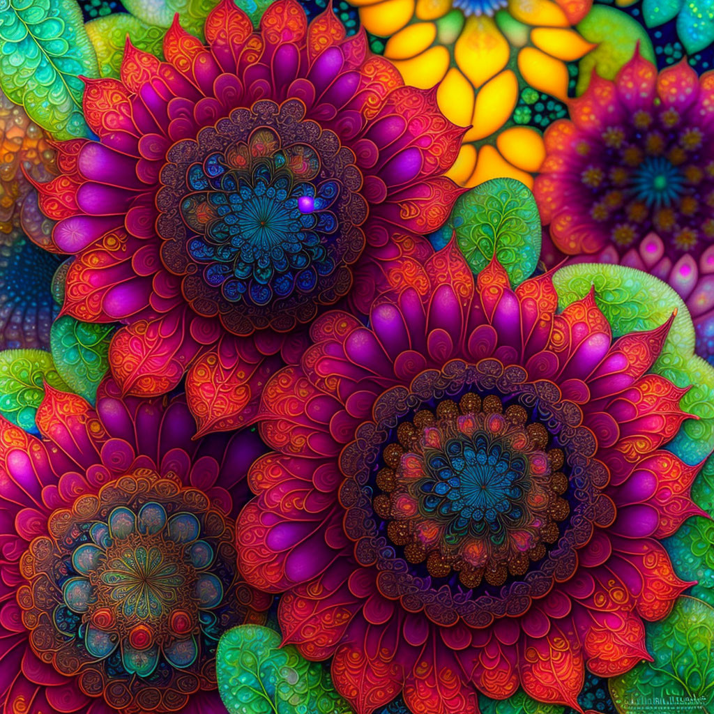 Colorful Mandala Flower Cluster Artwork in Red, Blue, and Yellow