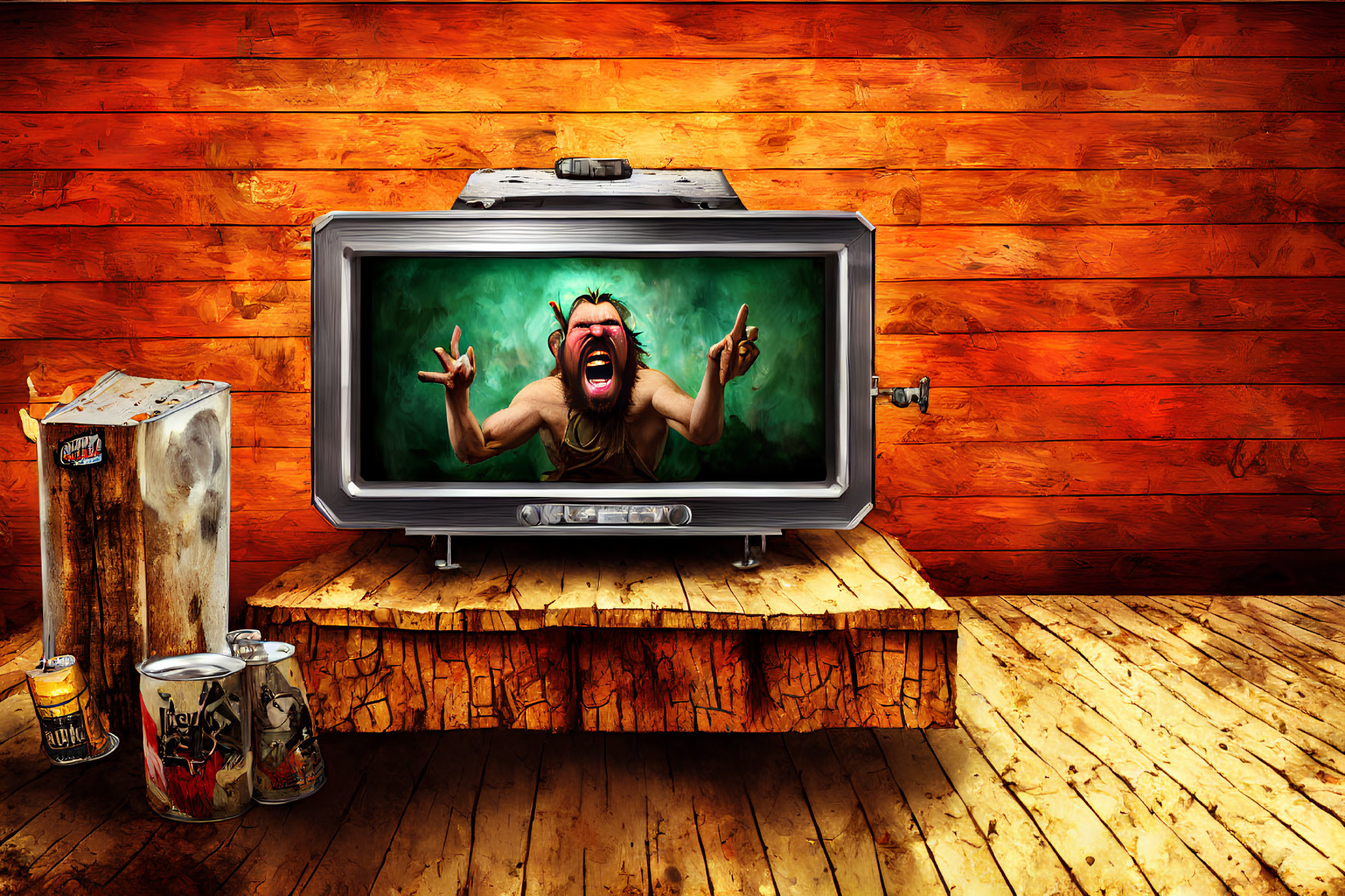 Vintage TV with animated character screaming on wooden table, surrounded by paint cans and boombox against wooden plank