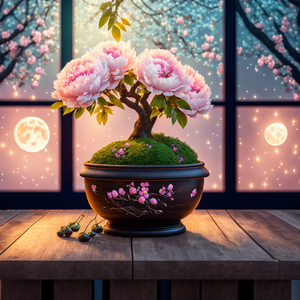 Pink blossomed bonsai tree on wooden table with blooming tree backdrop at dusk