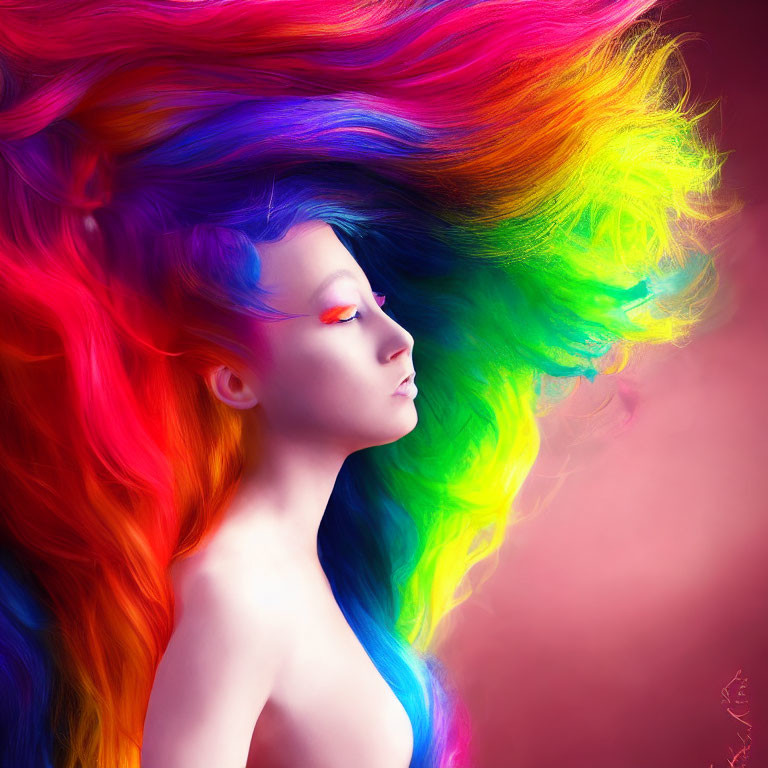 Vibrant rainbow-colored hair woman with serene expression