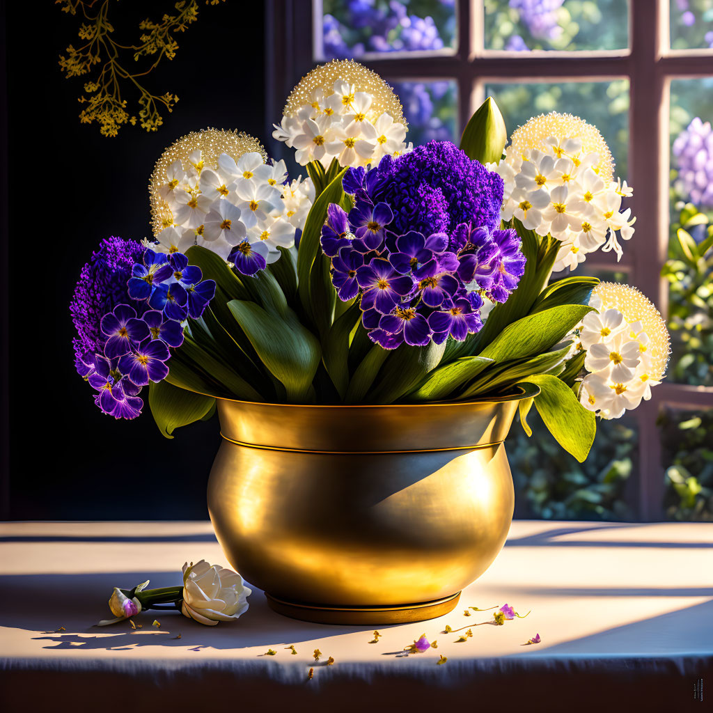 Purple and White Flowers in Golden Vase by Window with Tree and Sky View