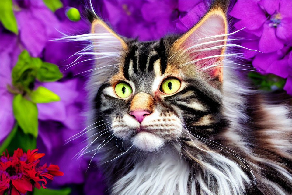 Majestic Maine Coon Cat with Yellow Eyes in Purple Flowers
