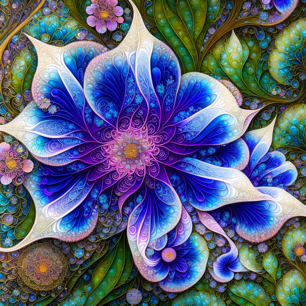 Colorful Fractal Art: Blue Petal Flower on Green Leaf Background