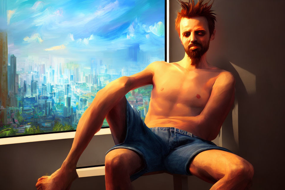Shirtless man with a beard sitting by window in futuristic cityscape