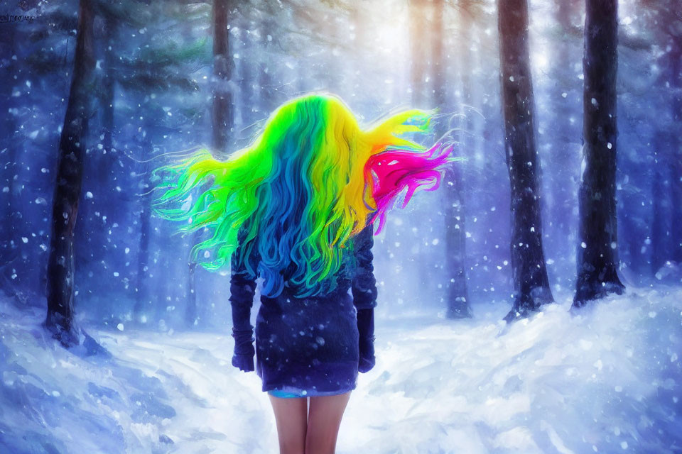 Vibrantly Colored Hair Person in Snowy Forest with Sunlight