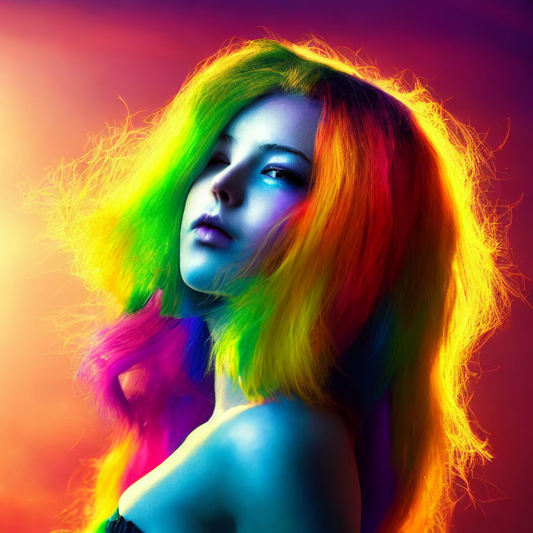 Rainbow-Haired Woman on Vibrant Magenta and Blue Background