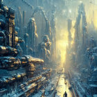 Reflective robot in futuristic snowy cityscape with towering buildings