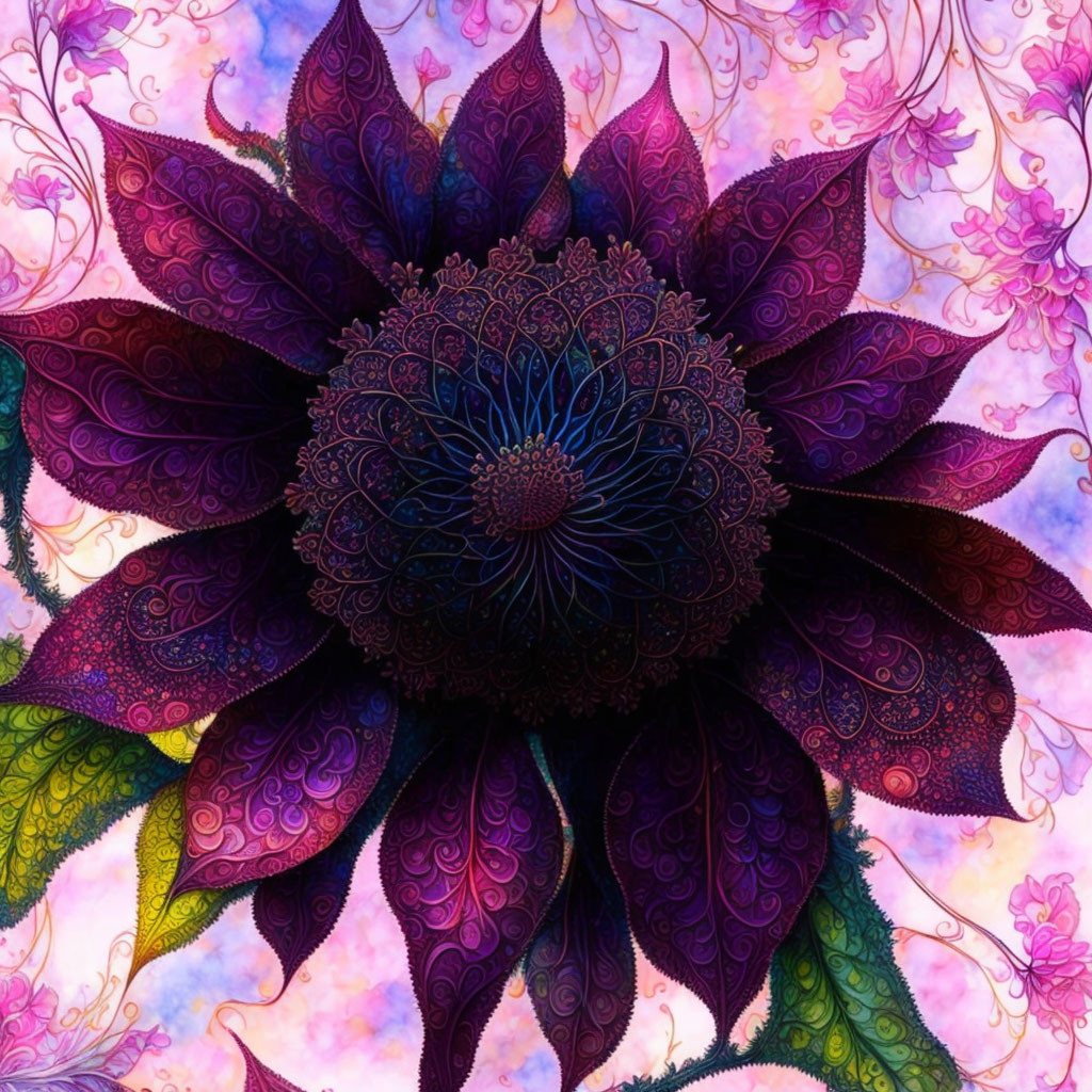Detailed Digital Artwork: Vibrant Ornate Flower in Purple, Pink, and Blue against Psyched