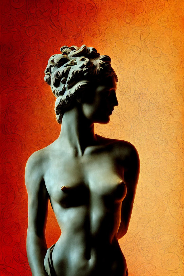 Classical female profile sculpture on textured orange background