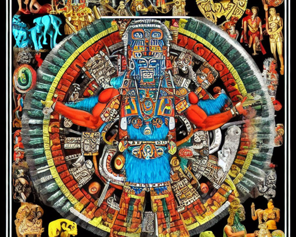 Vibrant Mesoamerican Art Collage with Aztec Sun Stone and Deities
