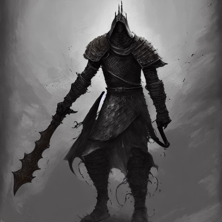 Dark armored knight with spiked helmet and mace in foreboding stance