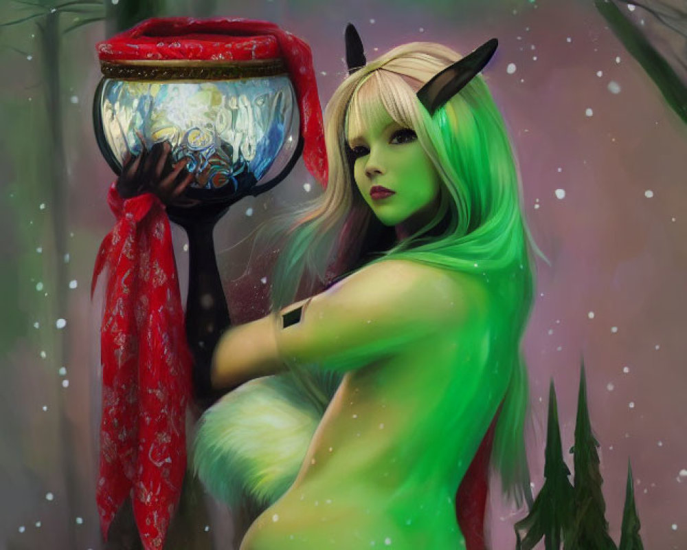 Green-haired female figure with horns holding fishbowl in enchanted forest