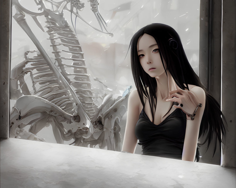 Woman with Long Black Hair Sitting by Dragon Skeleton in Industrial Setting