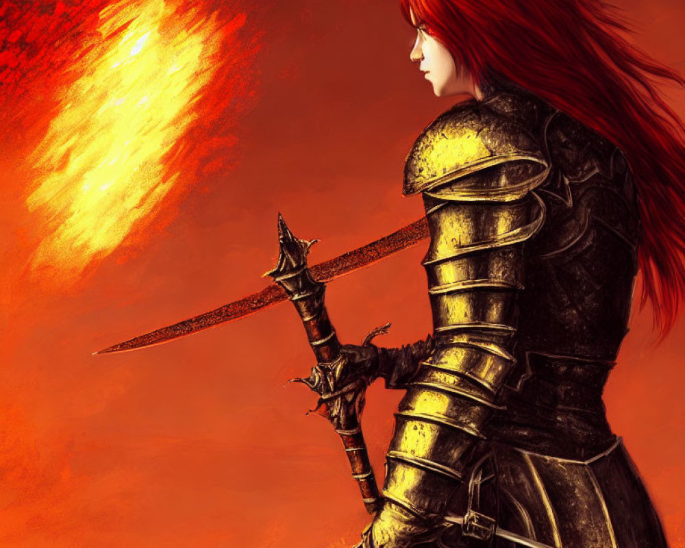Red-Haired Warrior in Black Armor with Sword Watching Sky Explosion